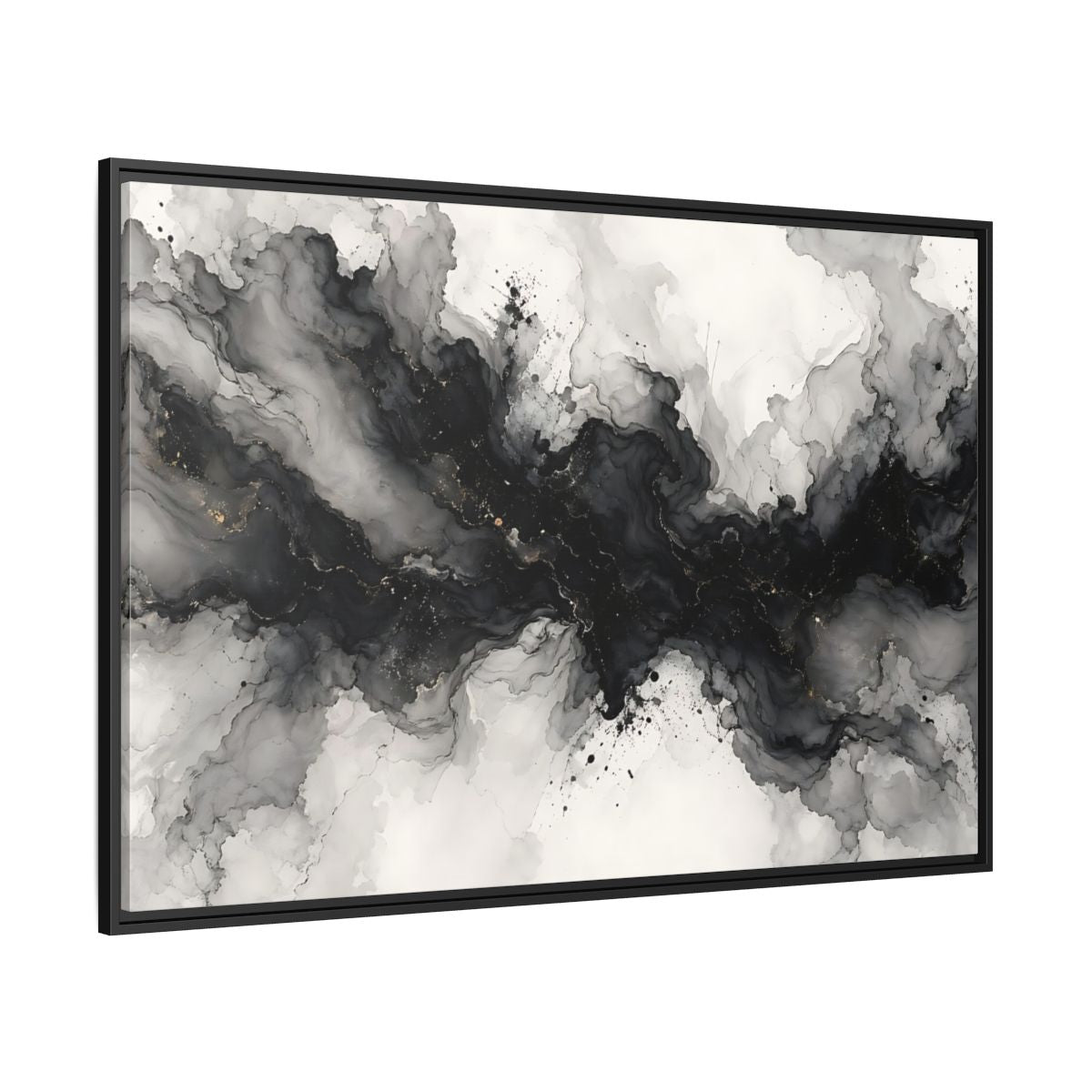 Side Mockup 12. Abstract Ink Texture Black And Gold Ink shown as stretched canvas wall art