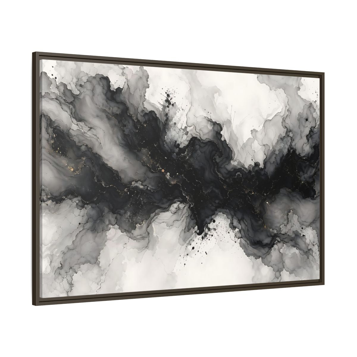 Side Mockup 8. Abstract Ink Texture Black And Gold Ink shown as stretched canvas wall art