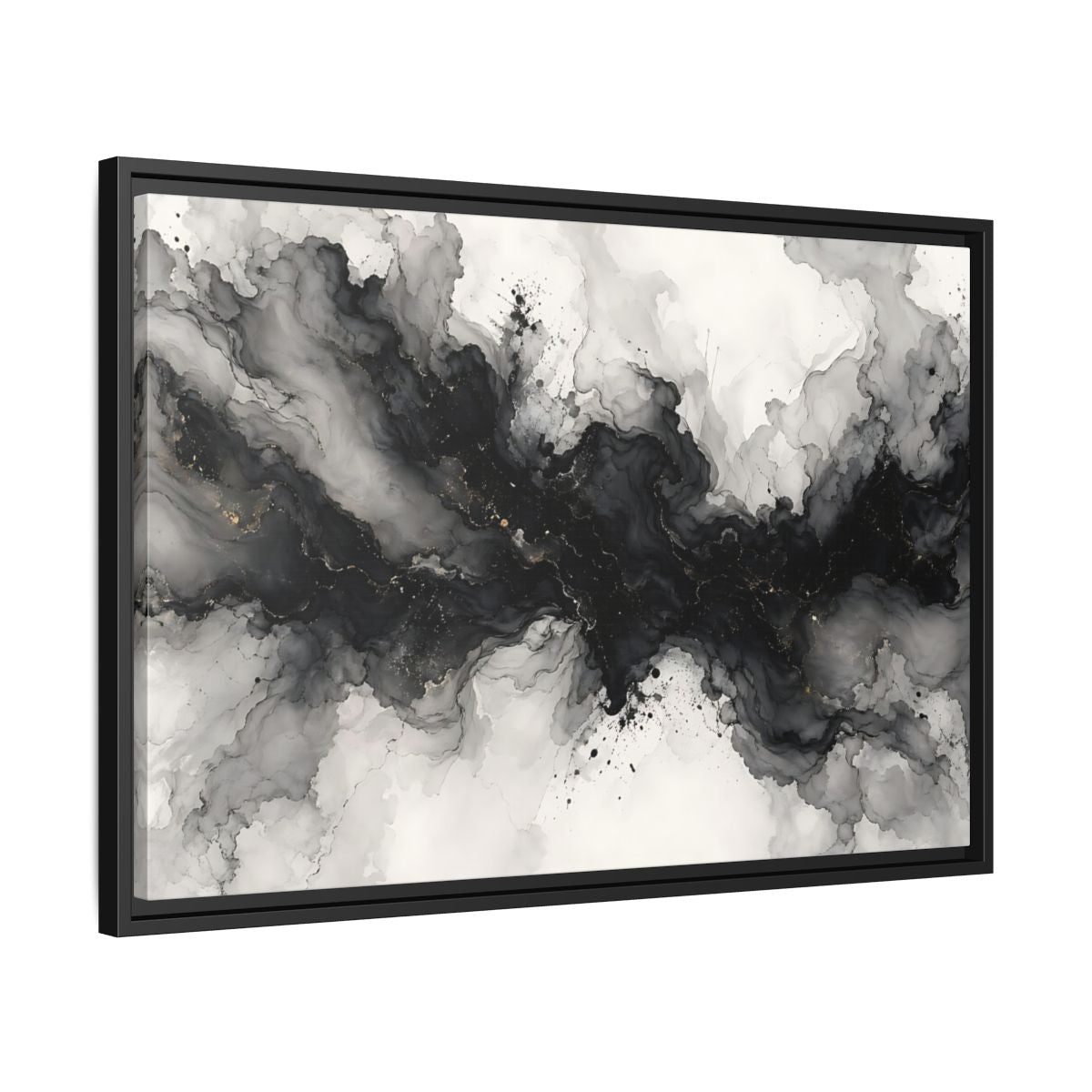 Side Mockup 14. Abstract Ink Texture Black And Gold Ink shown as stretched canvas wall art