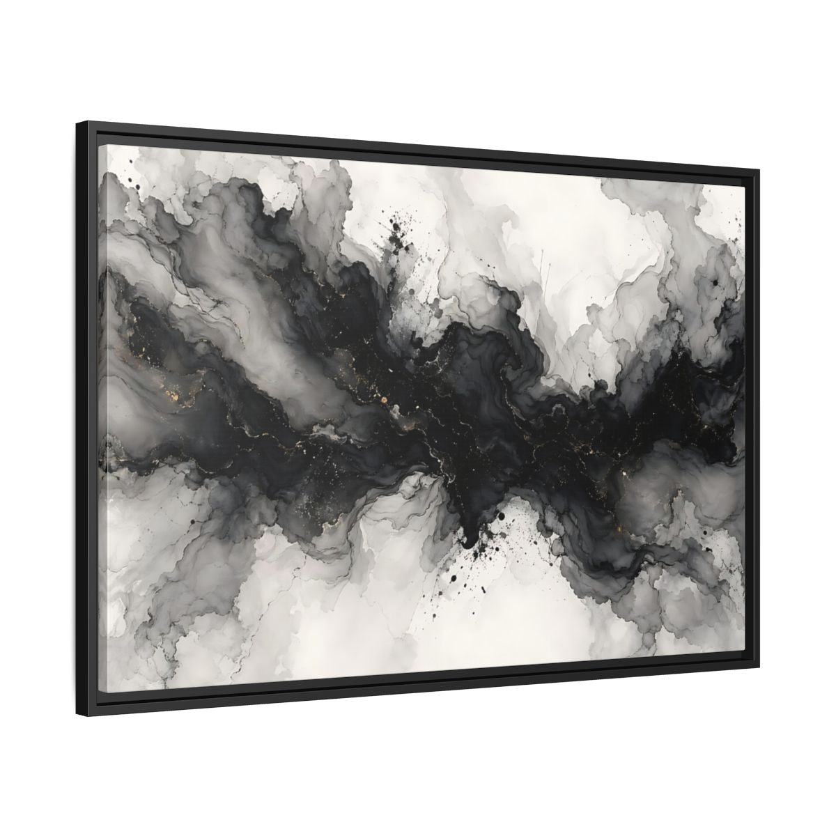 Side Mockup 13. Abstract Ink Texture Black And Gold Ink shown as stretched canvas wall art