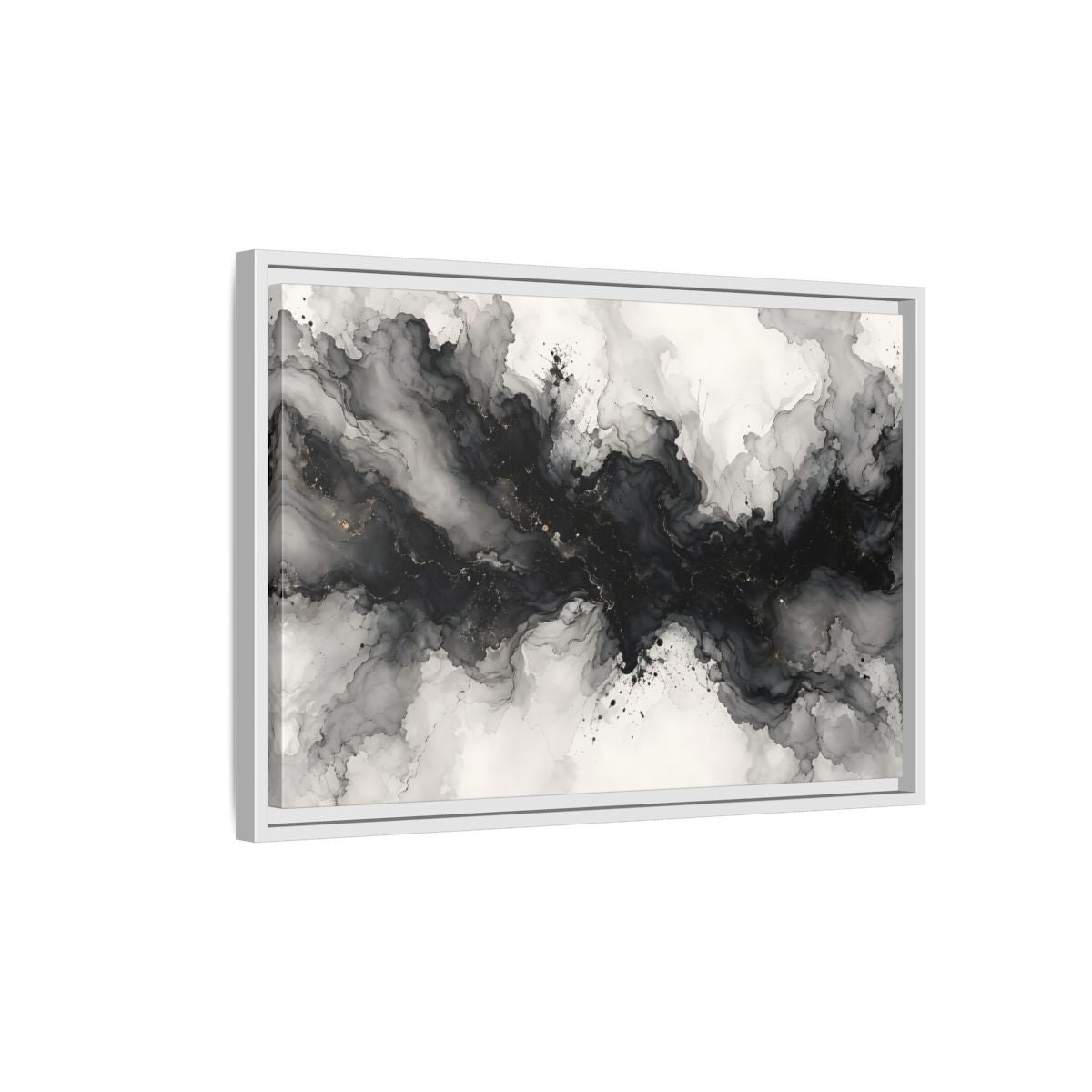 Side Mockup 1. Abstract Ink Texture Black And Gold Ink shown as stretched canvas wall art