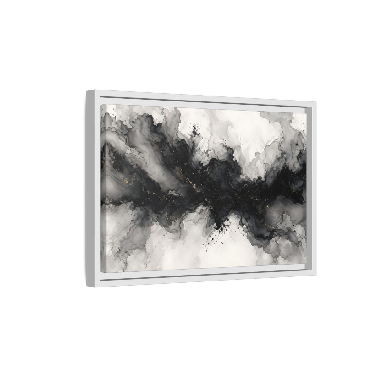 Side Mockup 4. Abstract Ink Texture Black And Gold Ink shown as stretched canvas wall art