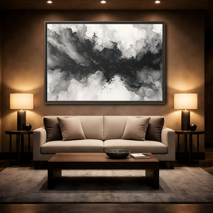 Mockup 2. Abstract Ink Texture Black And Gold Ink shown as stretched canvas wall art