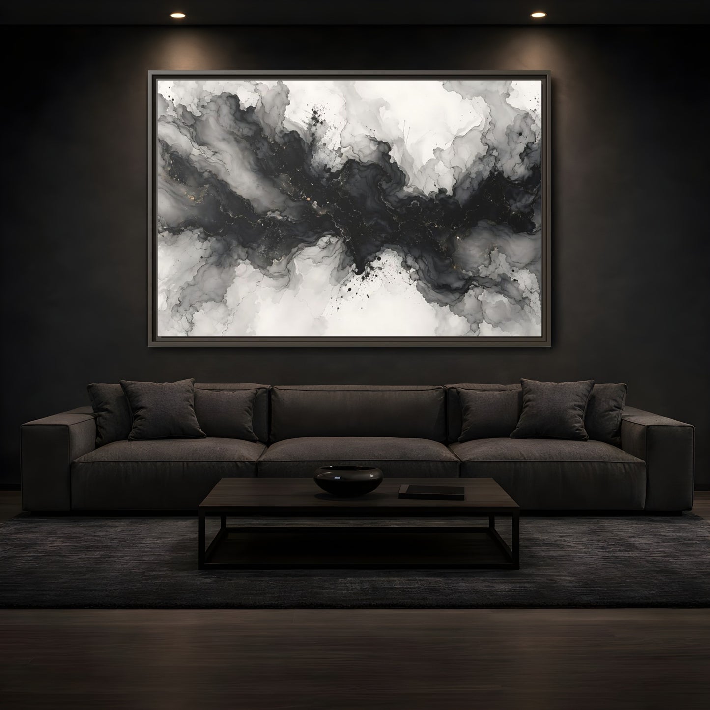 Mockup 3. Abstract Ink Texture Black And Gold Ink shown as stretched canvas wall art