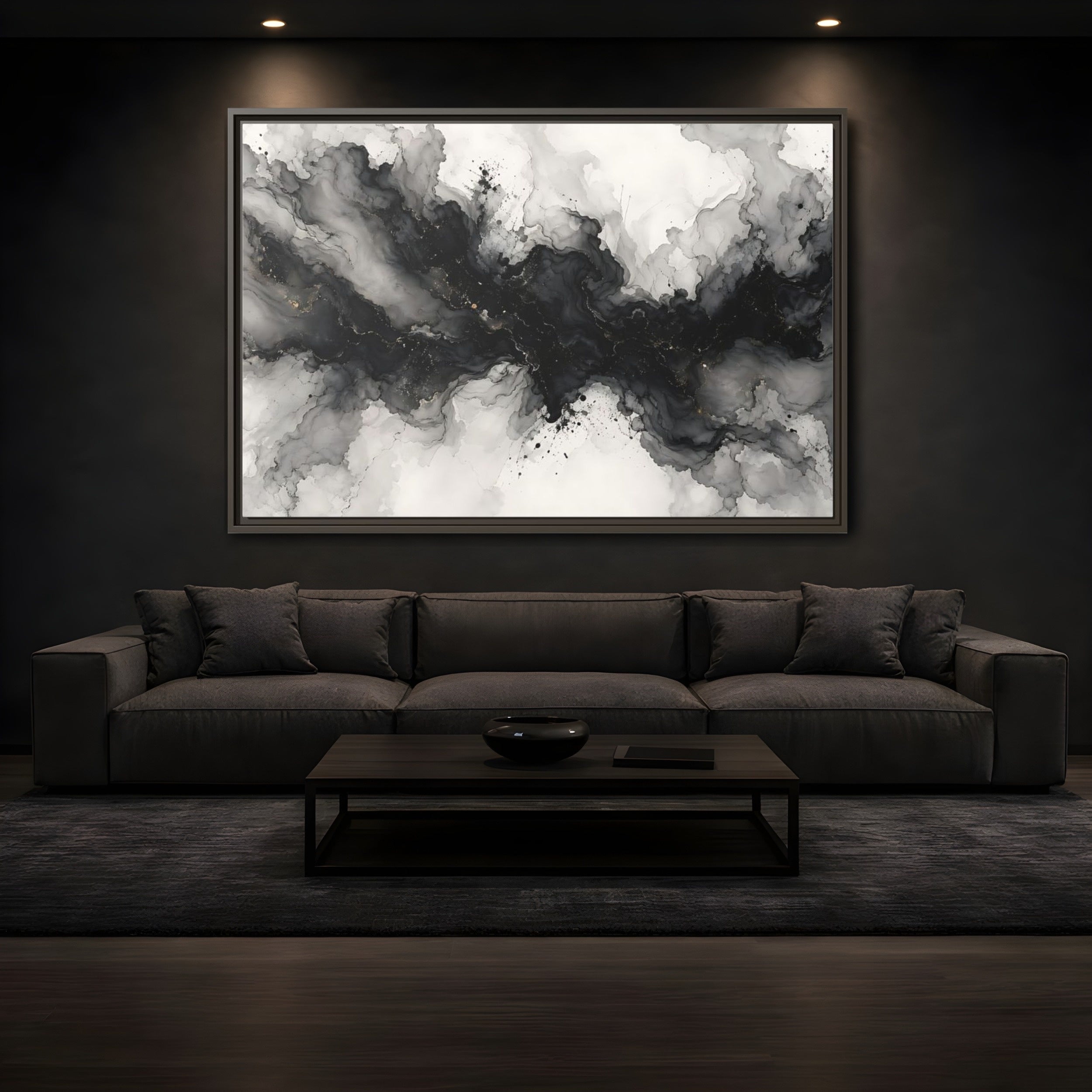 Mockup 3. Abstract Ink Texture Black And Gold Ink shown as stretched canvas wall art