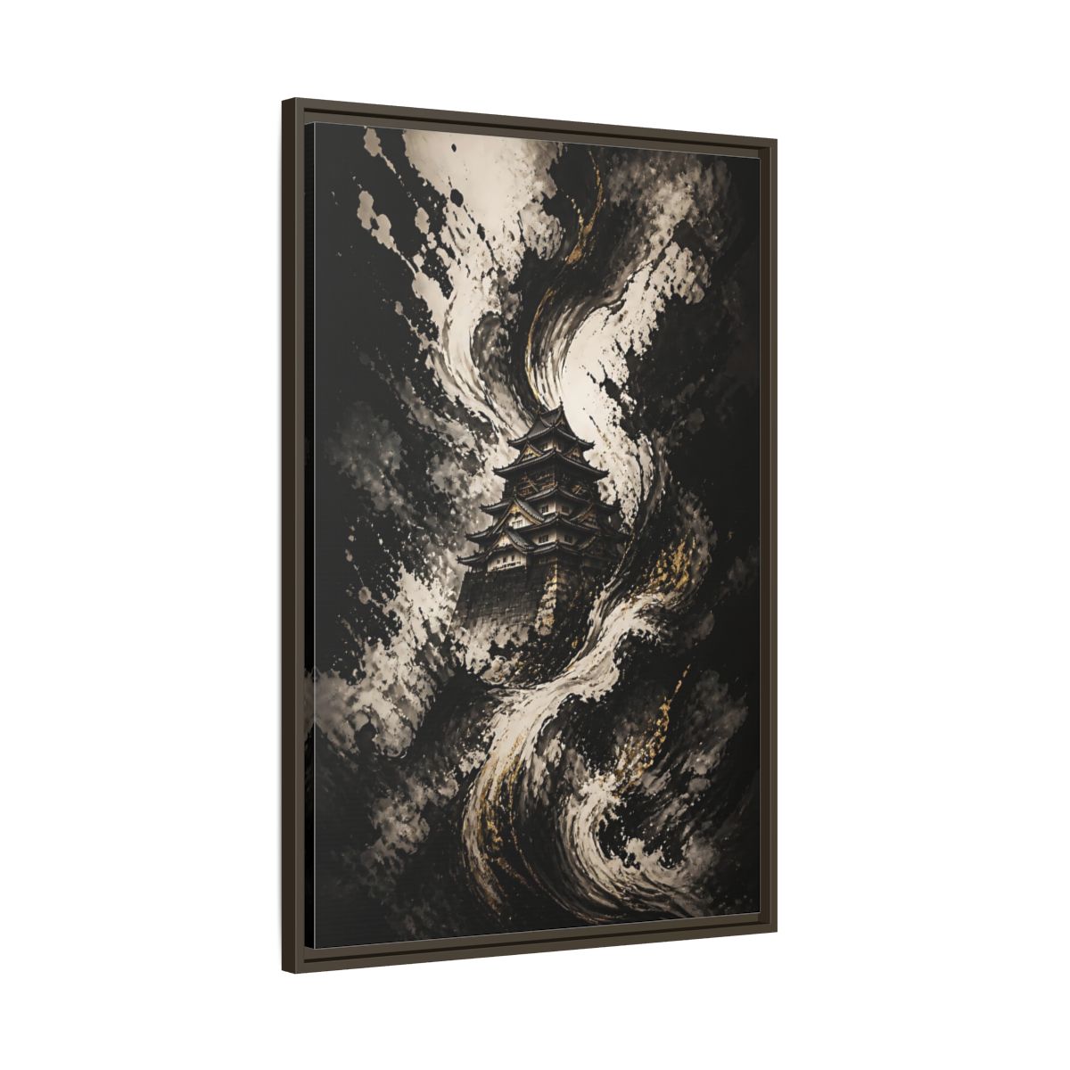 Main Mockup. Abstract Japanese Castle Black And Gold shown as stretched canvas wall art