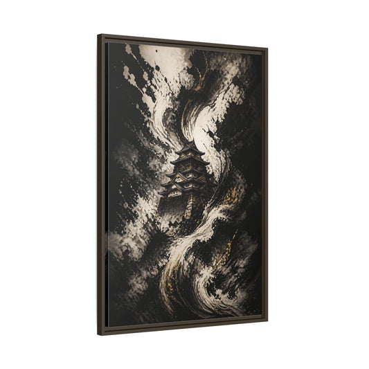 Main Mockup. Abstract Japanese Castle Black And Gold shown as stretched canvas wall art