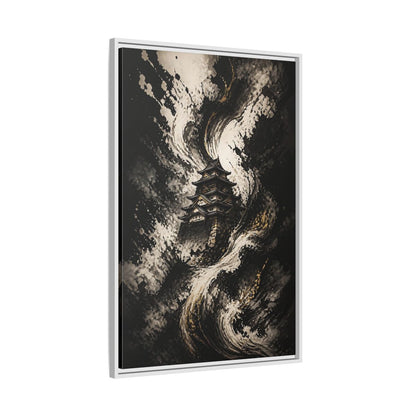 Abstract Japanese Castle Black and Gold Framed Canvas Wall Art - Living Room, Above Couch shown as canvas wall art