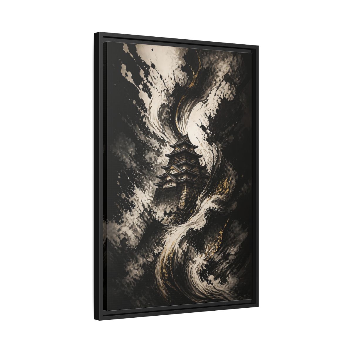 Side Mockup 14. Abstract Japanese Castle Black And Gold shown as stretched canvas wall art