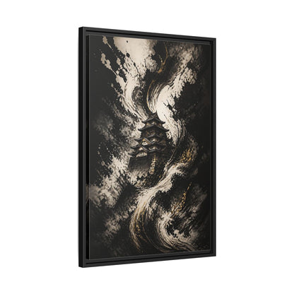 Abstract Japanese Castle Black and Gold Framed Canvas Wall Art - Living Room, Above Couch shown as canvas wall art