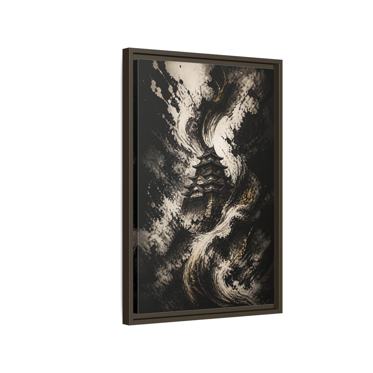 Side Mockup 2. Abstract Japanese Castle Black And Gold shown as stretched canvas wall art