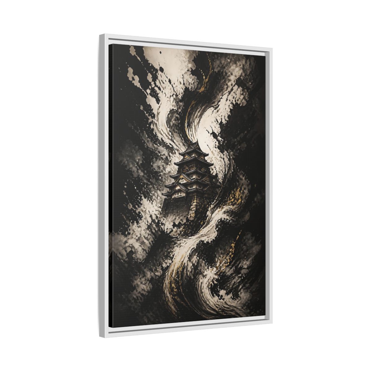 Side Mockup 10. Abstract Japanese Castle Black And Gold shown as stretched canvas wall art