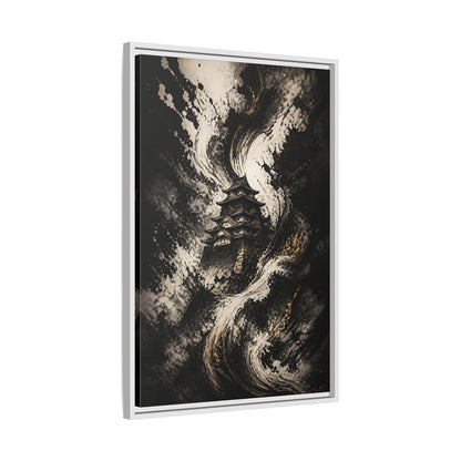 Abstract Japanese Castle Black and Gold Framed Canvas Wall Art - Living Room, Above Couch shown as canvas wall art