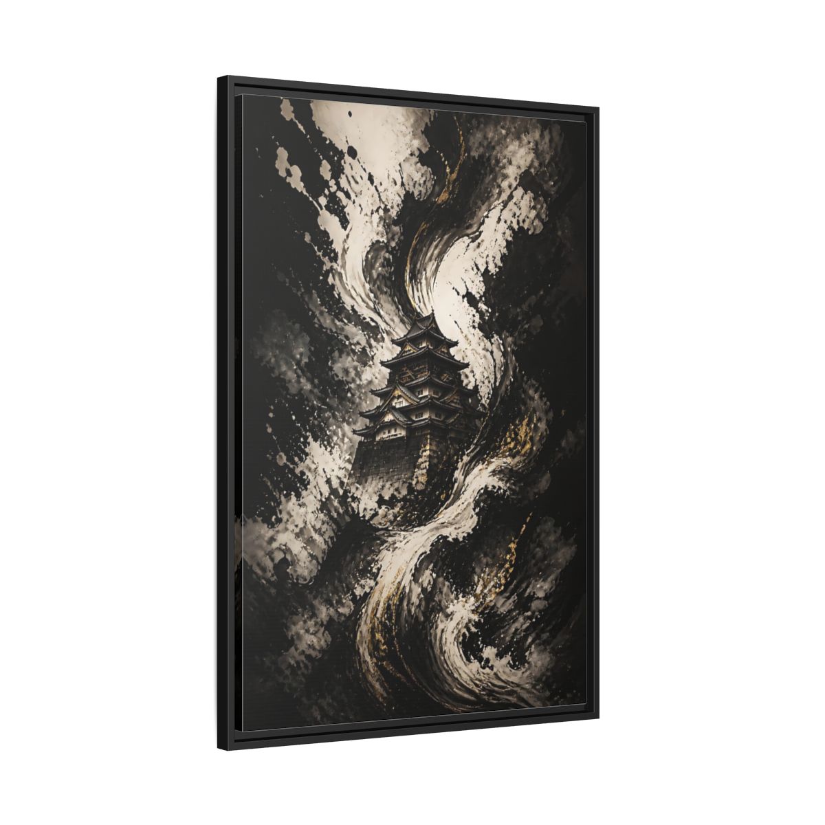 Side Mockup 13. Abstract Japanese Castle Black And Gold shown as stretched canvas wall art