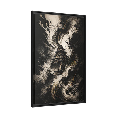 Abstract Japanese Castle Black and Gold Framed Canvas Wall Art - Living Room, Above Couch shown as canvas wall art