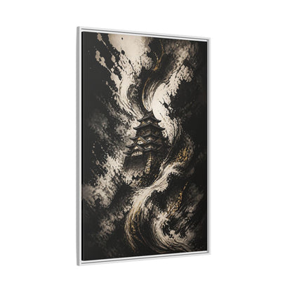Abstract Japanese Castle Black and Gold Framed Canvas Wall Art - Living Room, Above Couch shown as canvas wall art