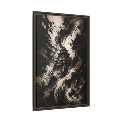 Abstract Japanese Castle Black and Gold Framed Canvas Wall Art - Living Room, Above Couch shown as canvas wall art