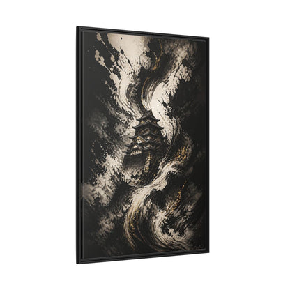 Abstract Japanese Castle Black and Gold Framed Canvas Wall Art - Living Room, Above Couch shown as canvas wall art