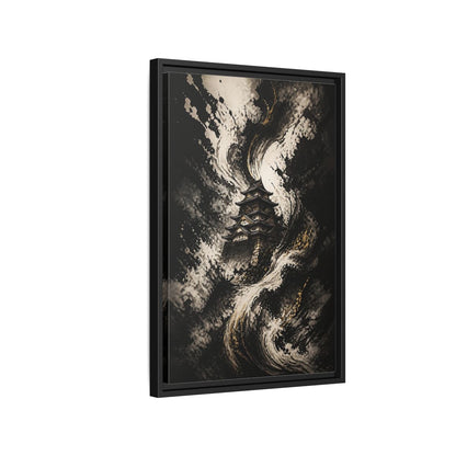 Abstract Japanese Castle Black and Gold Framed Canvas Wall Art - Living Room, Above Couch shown as canvas wall art
