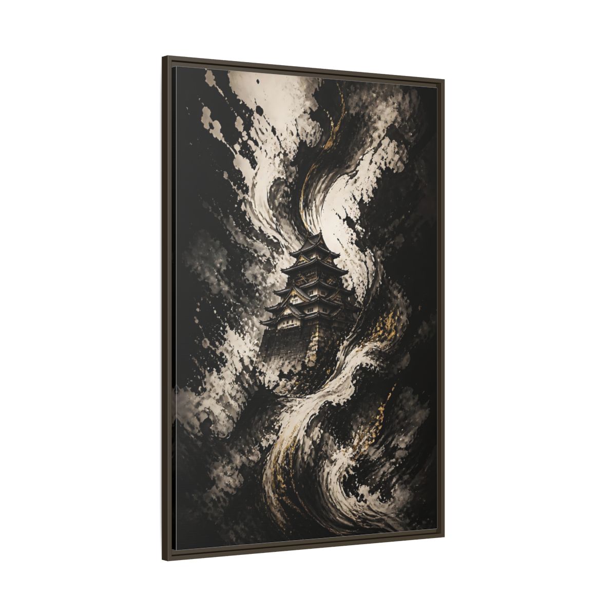 Side Mockup 8. Abstract Japanese Castle Black And Gold shown as stretched canvas wall art