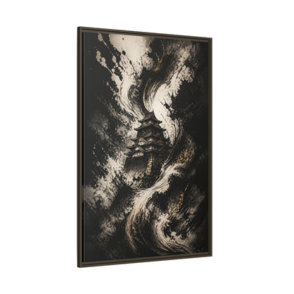 Abstract Japanese Castle Black and Gold Framed Canvas Wall Art - Living Room, Above Couch shown as canvas wall art
