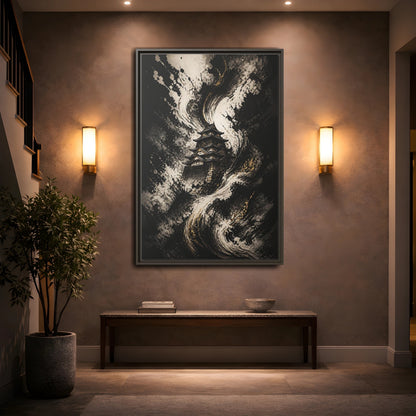 Abstract Japanese Castle Black and Gold Framed Canvas Wall Art - Living Room, Above Couch shown as canvas wall art