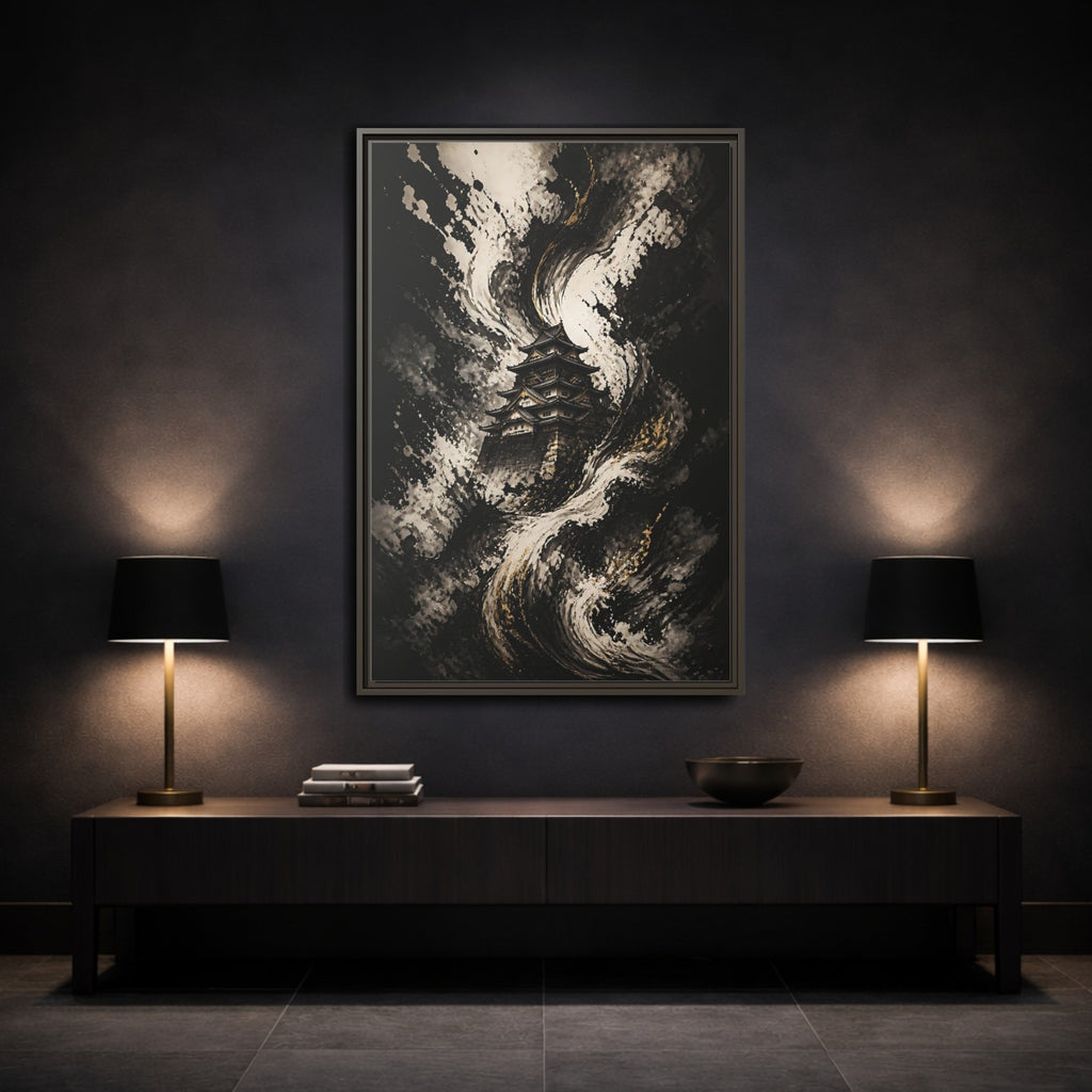 Mockup 3. Abstract Japanese Castle Black And Gold shown as stretched canvas wall art