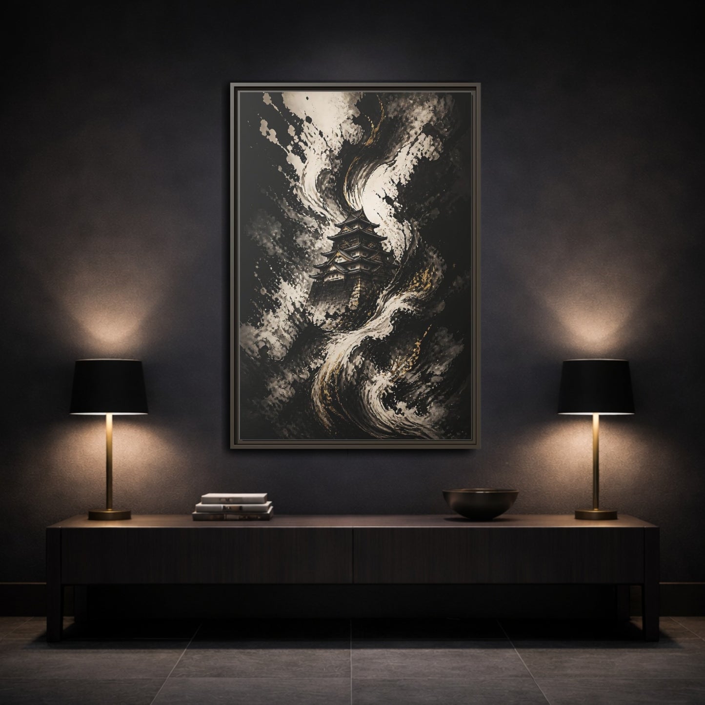 Abstract Japanese Castle Black and Gold Framed Canvas Wall Art - Living Room, Above Couch shown as canvas wall art