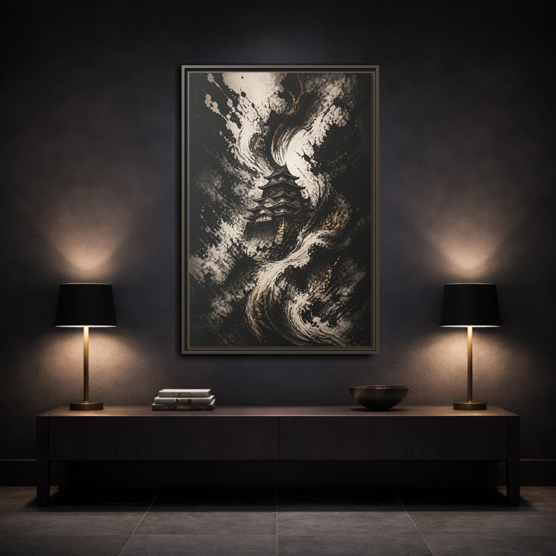 Abstract Japanese Castle Black and Gold Framed Canvas Wall Art - Living Room, Above Couch shown as canvas wall art