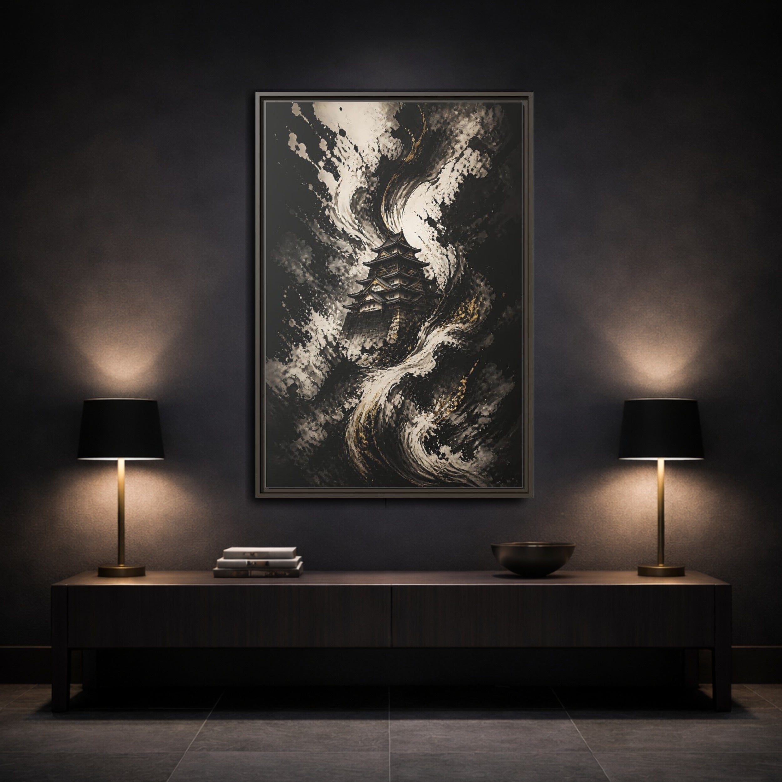 Mockup 3. Abstract Japanese Castle Black And Gold shown as stretched canvas wall art