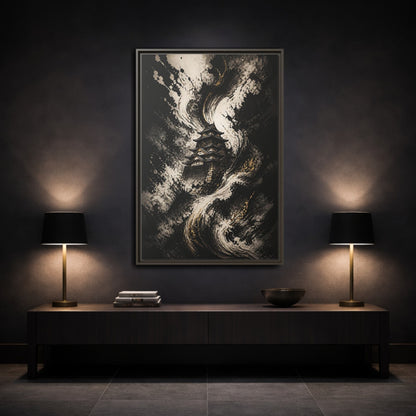 Abstract Japanese Castle Black and Gold Framed Canvas Wall Art - Living Room, Above Couch shown as canvas wall art