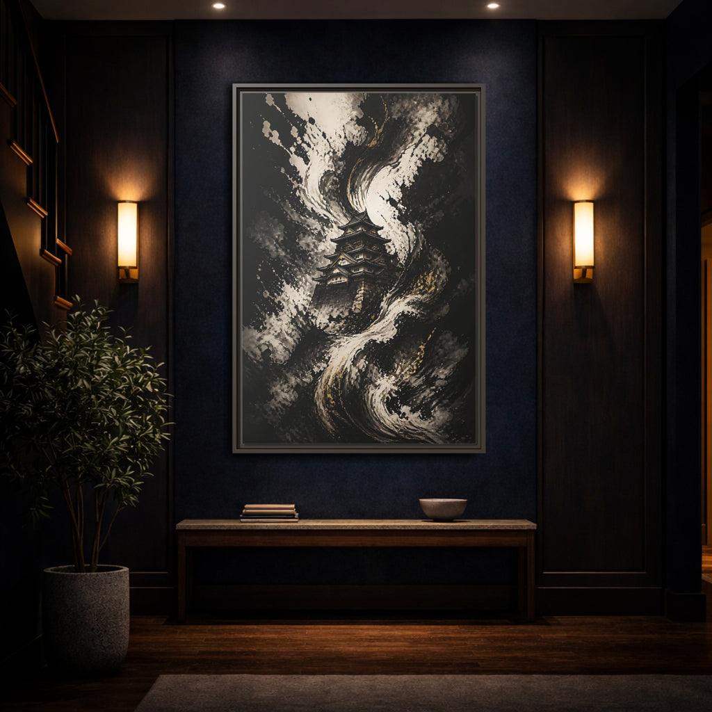 Mockup 4. Abstract Japanese Castle Black And Gold shown as stretched canvas wall art