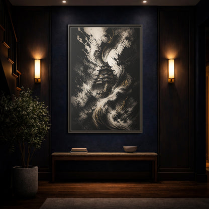 Abstract Japanese Castle Black and Gold Framed Canvas Wall Art - Living Room, Above Couch shown as canvas wall art