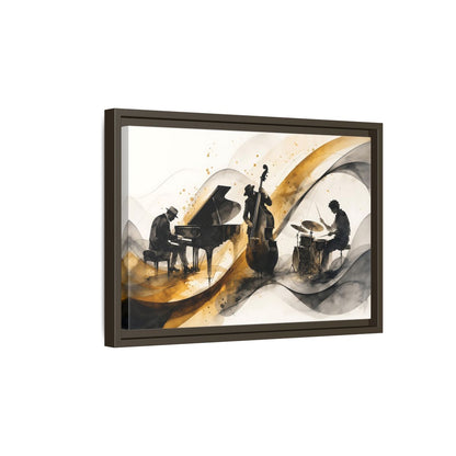 Side Mockup 5. Abstract Jazz Band Gold And Black Jazz shown as framed canvas print