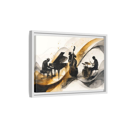 Side Mockup 4. Abstract Jazz Band Gold And Black Jazz shown as framed canvas print