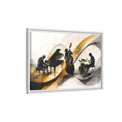 Side Mockup 1. Abstract Jazz Band Gold And Black Jazz shown as framed canvas print