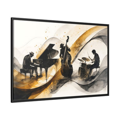 Side Mockup 12. Abstract Jazz Band Gold And Black Jazz shown as framed canvas print