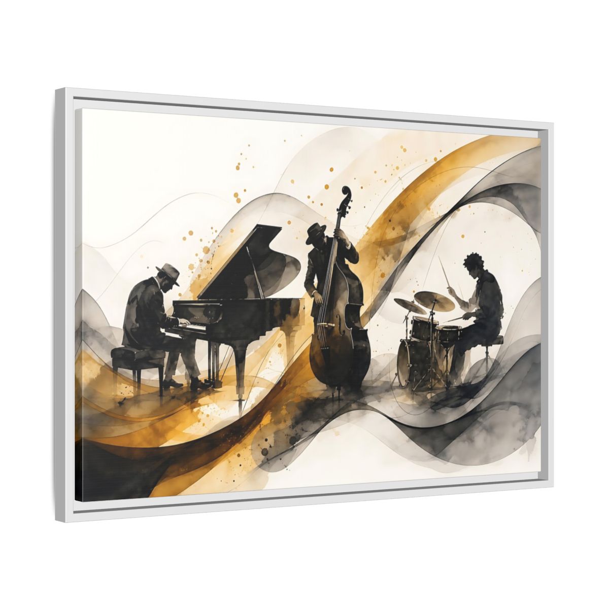 Side Mockup 10. Abstract Jazz Band Gold And Black Jazz shown as framed canvas print