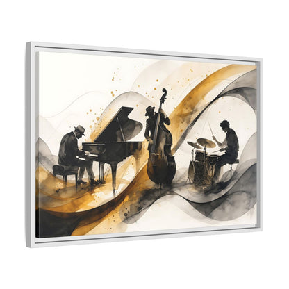 Side Mockup 10. Abstract Jazz Band Gold And Black Jazz shown as framed canvas print