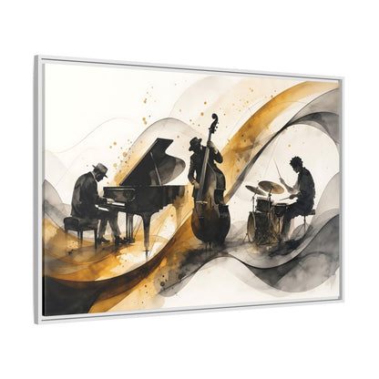 Side Mockup 7. Abstract Jazz Band Gold And Black Jazz shown as framed canvas print