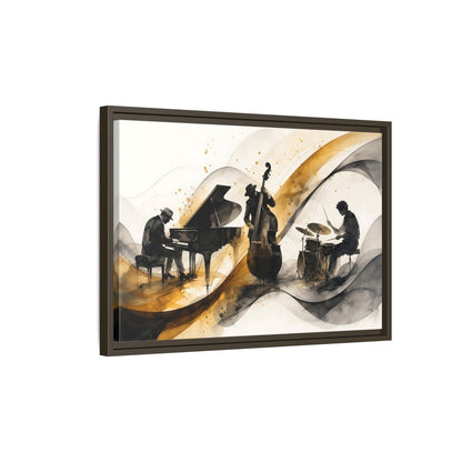 Side Mockup 2. Abstract Jazz Band Gold And Black Jazz shown as framed canvas print