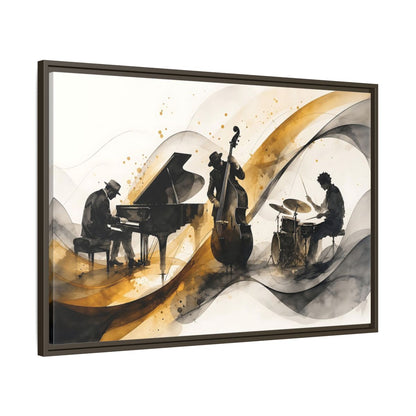 Main Mockup. Abstract Jazz Band Gold And Black Jazz shown as framed canvas print