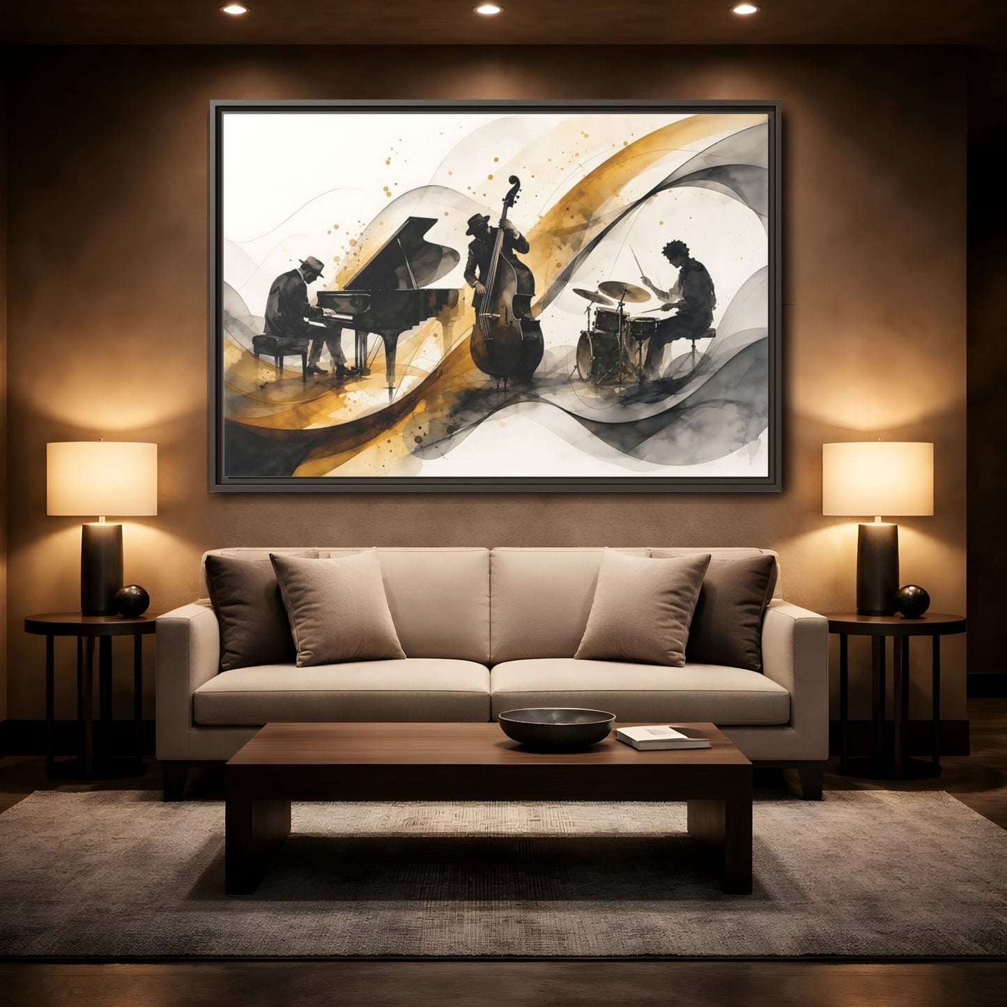 Mockup 2. Abstract Jazz Band Gold And Black Jazz shown as framed canvas print