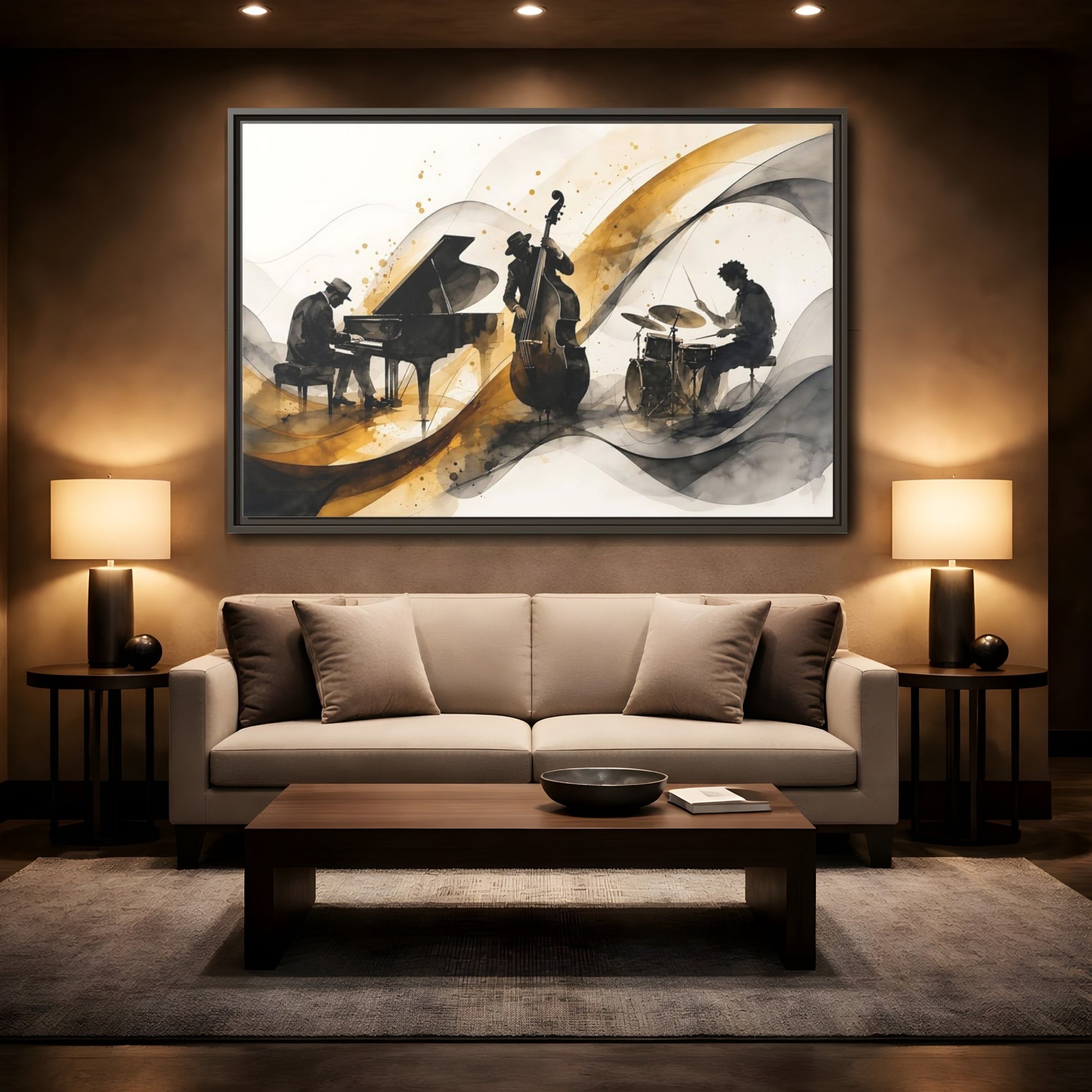 Mockup 2. Abstract Jazz Band Gold And Black Jazz shown as framed canvas print