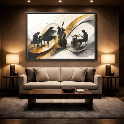 Mockup 2. Abstract Jazz Band Gold And Black Jazz shown as framed canvas print
