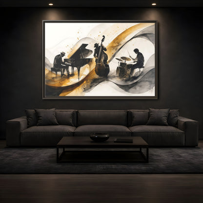 Mockup 3. Abstract Jazz Band Gold And Black Jazz shown as framed canvas print