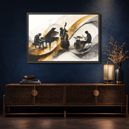 Mockup 4. Abstract Jazz Band Gold And Black Jazz shown as framed canvas print