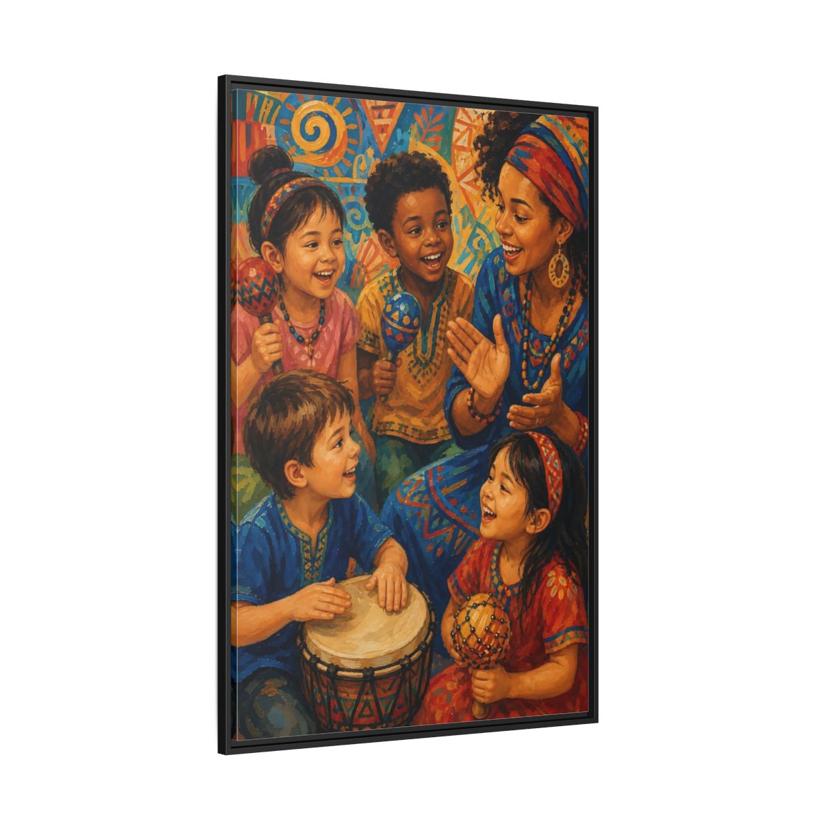Side Mockup 12. Abstract Joyful Children Vibrant Cultural shown as framed canvas print