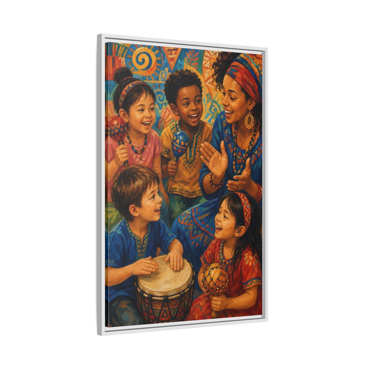 Side Mockup 9. Abstract Joyful Children Vibrant Cultural shown as framed canvas print