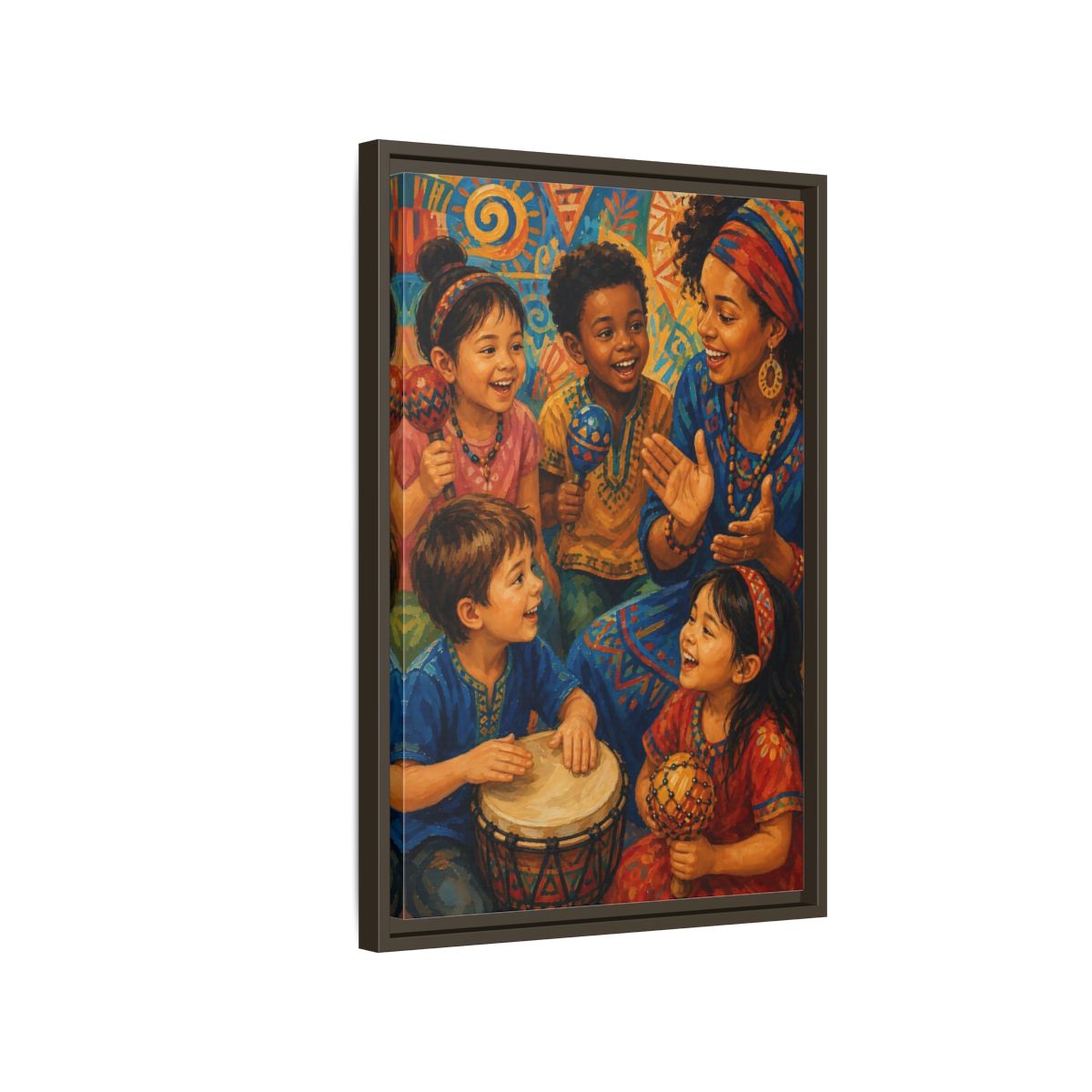 Side Mockup 2. Abstract Joyful Children Vibrant Cultural shown as framed canvas print